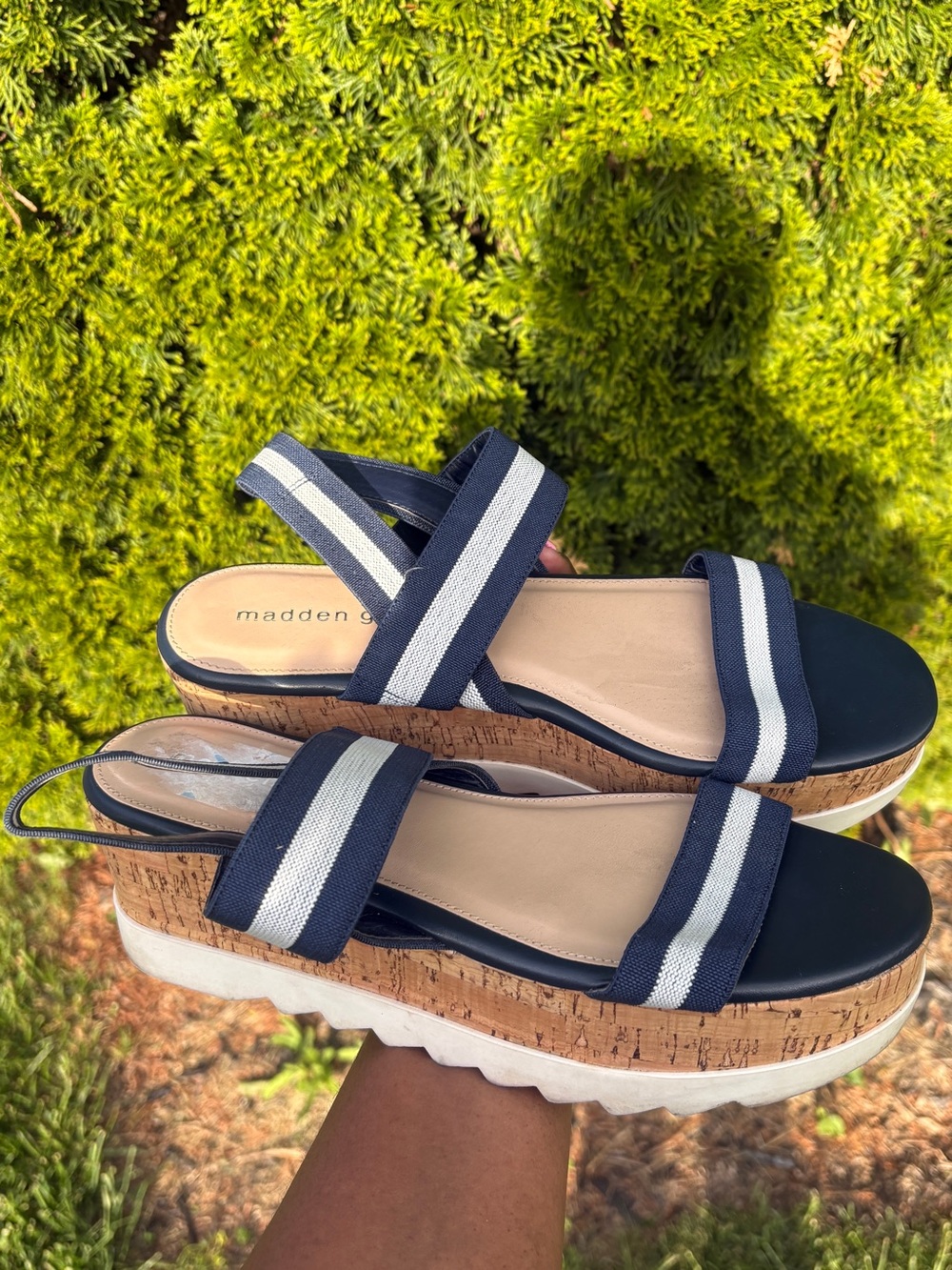 Madden Girl Navy & White Striped Cork Wedge Sandals